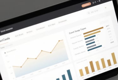 A close-up of a digital dashboard showing productivity metrics and cost-savings charts. The design is clean, with black and golden copper accents, reflecting a high-efficiency business tool vibe.
