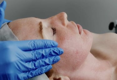 patient laying while doctor with blue gloves on massages her temples