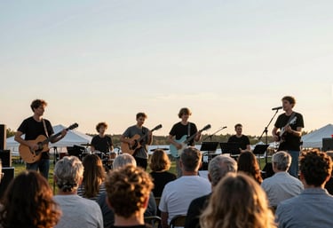 An outdoor community concert at sunset. Musicians are performing for a diverse, smiling audience. Soft pale blue sky and warm golden light.