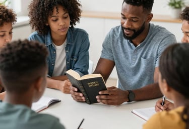 A warm classroom setting with a teacher engaging a small group in scripture study.