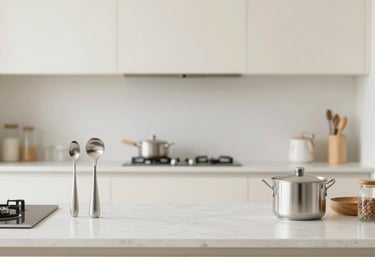 Close-up of a sleek stainless steel cutting board reflecting soft cream and greige tones.