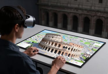 A person wearing an AR headset looking at a digital map of ancient Rome projected onto a modern white desk. Innovative, high-contrast lighting, North American / Global context.