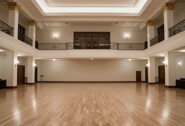 The interior of a grand ballroom in the US, captured after a successful event. The space is immaculately clean, demonstrating professional breakdown service.