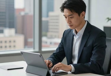 A North American professional working at a minimalist desk in a high-rise office, focused on a tablet display, with a backdrop of a blurred, vibrant cityscape.
