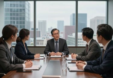 Photography of a strategic planning meeting in a North American boardroom with glass walls overlooking a cityscape, emphasizing authority and purpose.