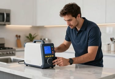A technician using a professional air quality testing device in a modern, well-lit North American / Floridian kitchen with light gray countertops.