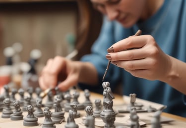 A cozy workshop corner showing tools, wood pieces, and paintbrushes bathed in warm light.