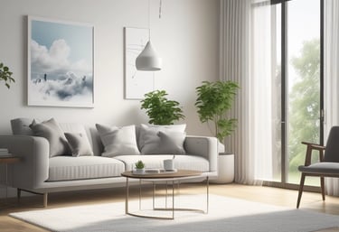 A bright, airy living room with sunlight streaming in, showcasing spotless floors and fresh plants.