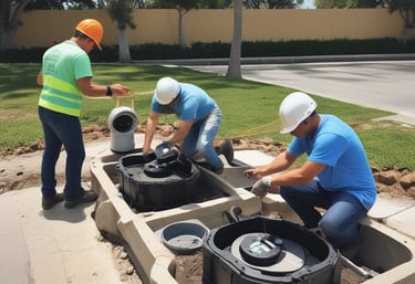 Engineers installing smart water sensors on a utility pipeline in the field.