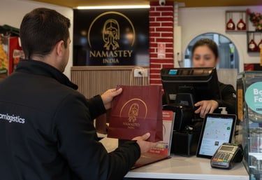 A delivery driver picking up a Namastey India takeout bag from a restaurant counter.