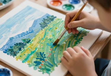 A close-up of a child's hands painting a vibrant landscape on a canvas. Paint brushes and color palettes featuring #2B557C and #8FA8B8 are visible. Soft, artistic blur in the background.
