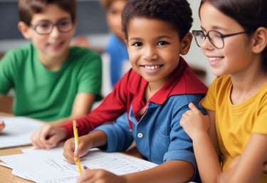 A group of students happily collaborating with a tutor in a bright, welcoming classroom.