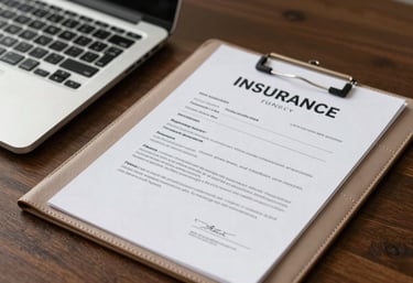 A desk with a laptop and a warm taupe leather folder. A professional insurance policy document sits on top. Sophisticated and reliable style.