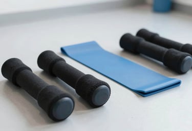 A close-up of resistance bands and mobility tools on a clean clinic floor, symbolizing preventive maintenance and strength. Palette #0A2E5B and #D9E0E7.