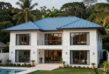 A wide shot of a beautifully completed contemporary Jamaican villa. The design features large glass windows, a steel-blue roof, and clean white masonry, perfectly integrated into the lush landscape of Hanover.