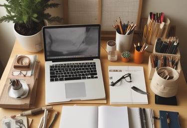 A cozy desk with warm colors and organizational tools as well as notebooks and pencils
