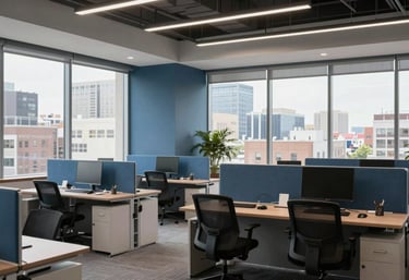Photography of a modern, organized North American / US open-plan office with slate blue accents and large windows showing a bright city view.