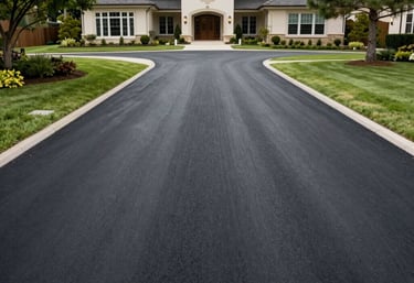 Close-up of freshly paved driveway with smooth black asphalt under bright sunlight.