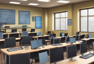 A diverse group of students and teachers interacting with Lightstar's educational software on laptops in a bright classroom.