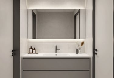 Photorealistic 3D rendering of a modern living room with warm natural light.