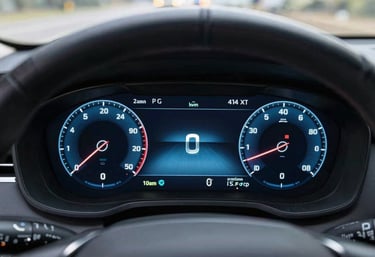 The high-resolution digital cockpit of a modern vehicle glowing with slate blue interface data.