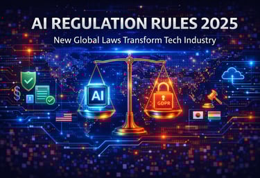 A digital illustration showing a futuristic global technology network with a golden balance scale at