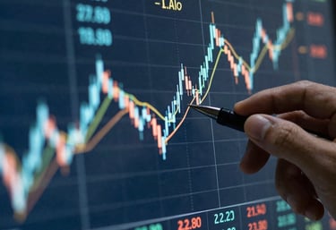 Sleek visualization of American stock market trends with metallic silver and royal blue tones.