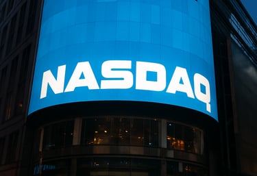 Dark-themed graphic showing Nasdaq stock market charts with blue and silver accents.