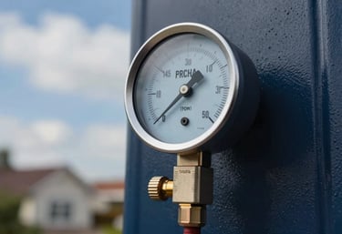 A modern digital pressure gauge showing professional HVAC readings in a clean North American / US home environment, cloudy blue and deep navy colors.