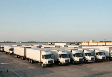 Wide-angle photograph of a large, well-organized North American shipping dock with box trucks lined up for timely departure, soft morning lighting in light blue and off-white tones.
