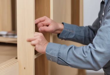 A modern kitchen installation in progress with warm wooden cabinets and soft lighting.