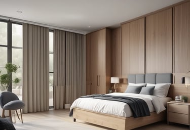 A cozy bedroom featuring custom wardrobes and soft lighting.