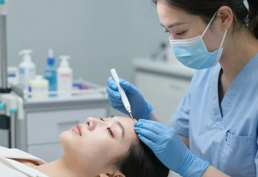 A serene treatment room with acupuncture needles gently placed on a patient's back.