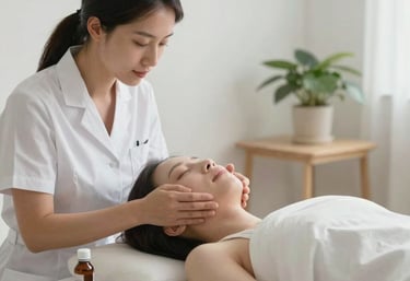 A serene treatment room with acupuncture needles gently placed on a patient's back.