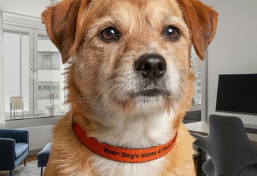 Personalized orange dog collar with custom name and phone number on a scruffy brown and white dog.