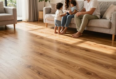 A South American family enjoying a moment together in a sunlit living room with beautiful honey-toned laminate floors. The image conveys a sense of comfort, hygiene, and high-quality home life.