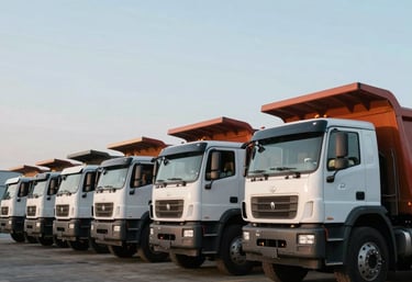 A wide angle shot of a row of heavy dump trucks parked in a neat line at an industrial equipment yard in North America, pale blue sky.
