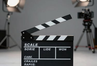 A professional clapperboard lying on a minimalist film set, with a blurred background showing studio lights and a camera. Cinematic lighting, soft grays.