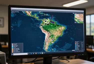 A sharp, professional photograph of a high-tech satellite map displayed on a screen inside a South American rural consultancy office, showcasing geoprocessing capabilities.