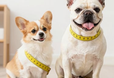 Un bulldog francés y un corgi sentados con cintas métricas amarillas alrededor del cuello.