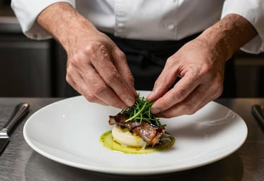 A high-angle shot of a chef's hands garnishing a modern dish with fresh herbs in a professional North American kitchen. Sharp focus, sophisticated culinary style.