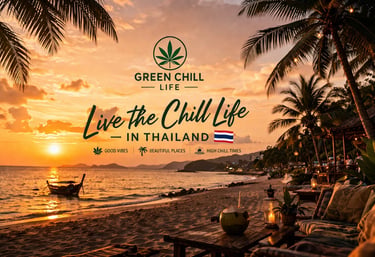 Tropical beach sunset in Thailand with palm trees and relaxing chill atmosphere representing cannabis lifestyle thailand
