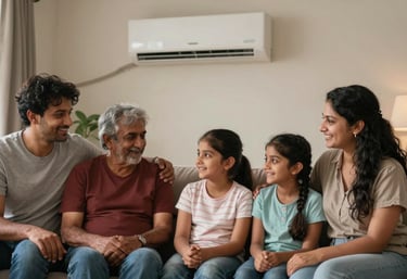 A happy South Asian / Indian family relaxing in a cool, comfortable living room with a modern AC unit visible in the background.