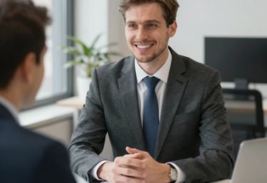A professional consultant discussing market entry strategies with clients in a modern office.