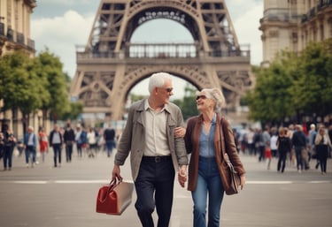 A professional advisor warmly consulting with a mature couple in a bright office.