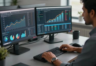 A close-up of a high-tech workspace with multiple monitors showing data analytics and growth charts, charcoal grey desk, modern South Asian professional atmosphere.