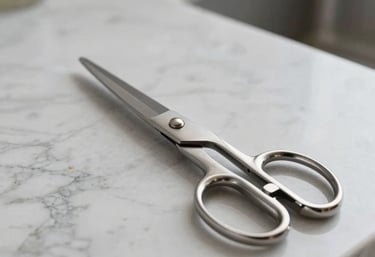 A still life photograph of high-quality stainless steel scissors resting on a light gray marble countertop in a well-lit North American home.