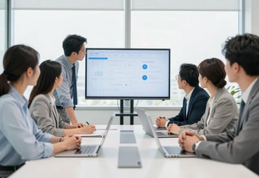 A group of professional colleagues in a bright North American office having a collaborative meeting around a screen, clean modern architecture, bright and airy feel.