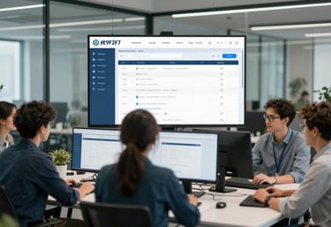 A collaborative team of diverse developers meeting in a modern glass office, with digital screens showing project timelines, styled in #E9F2F7 and #2F4858.