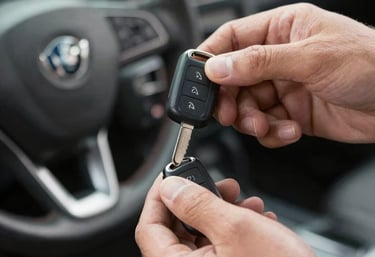 Behind-the-scenes shot of the Clavenexa team carefully programming a new car key in a modern, organized workshop.